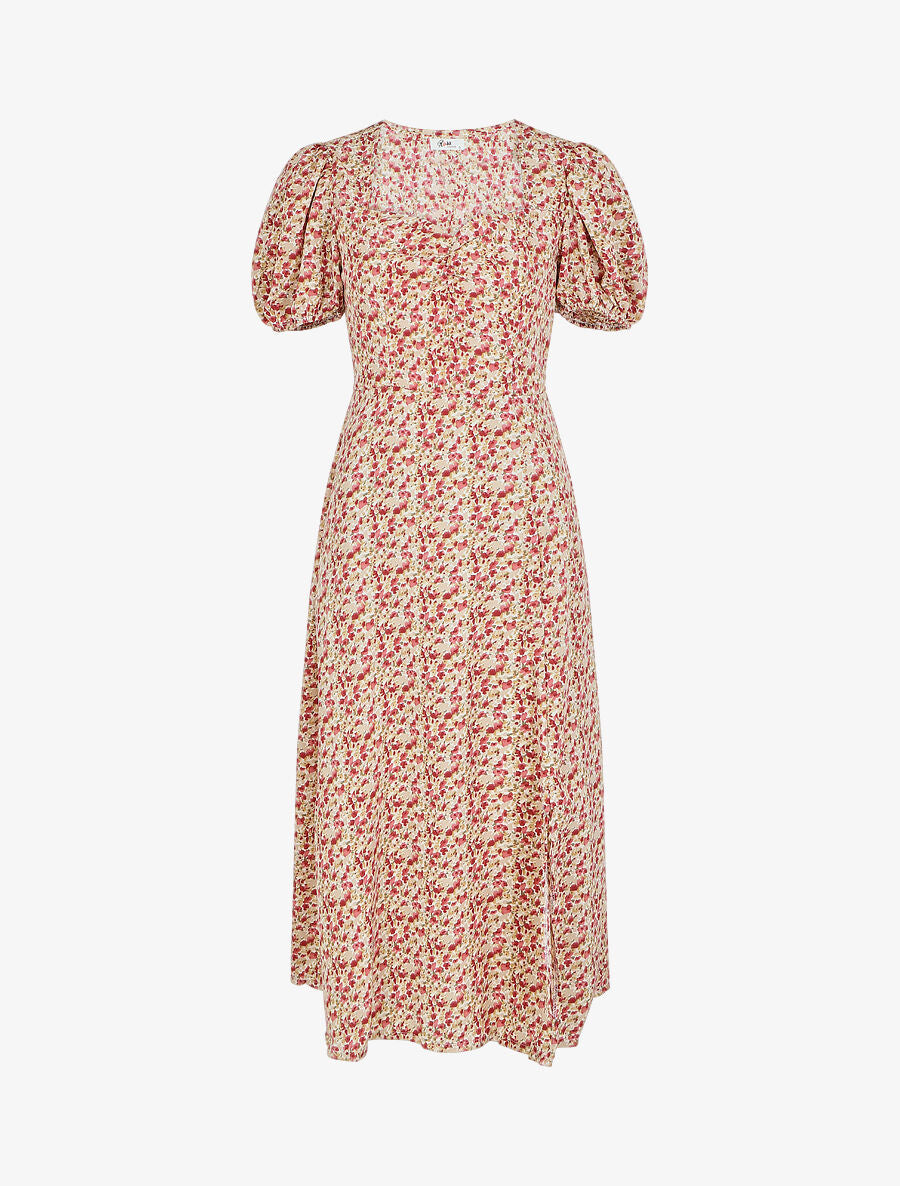 Robe longue imprimé fleuri à manches courtes ballon - Rose - 1