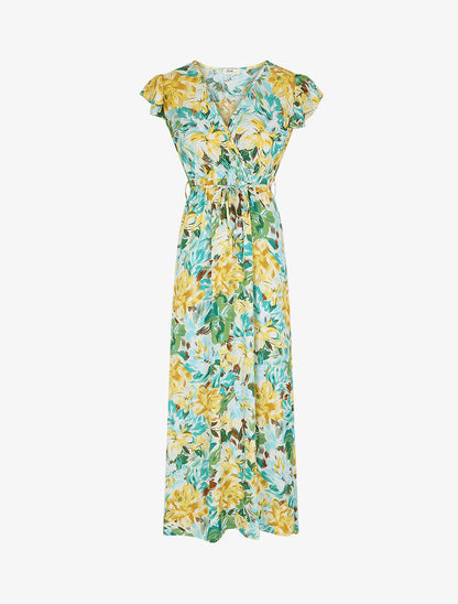 Robe longue fleurie à manches volantées - Vert - 5