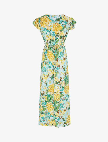 Robe longue fleurie à manches volantées - Vert - 2