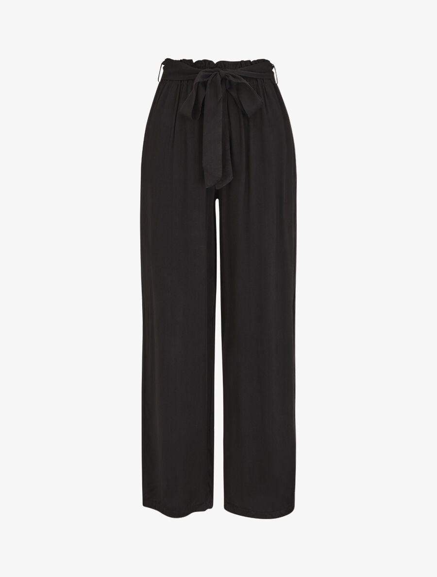 Pantalon droit uni taille haute élastiquée - Noir - 1
