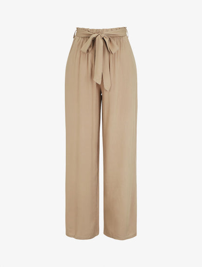 Pantalon droit uni taille haute élastiquée - Beige - 1