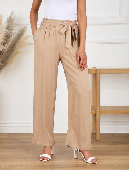 Pantalon droit uni taille haute élastiquée - Beige - 4