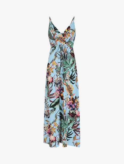 Robe longue élastiquée à imprimé fleurs tropical - Bleu - 5