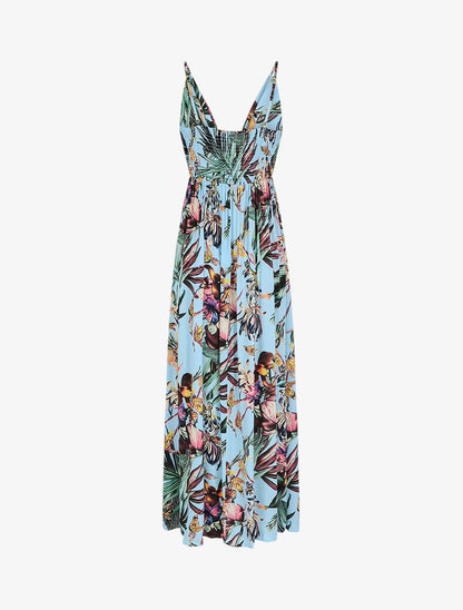 Robe longue élastiquée à imprimé fleurs tropical - Bleu - 2