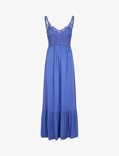 Robe longue à bretelles et col en dentelle - Bleu - 1