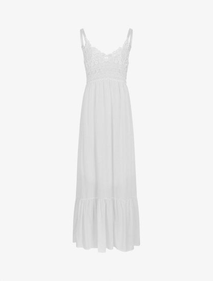 Robe longue à bretelles et col en dentelle - Blanc - 1