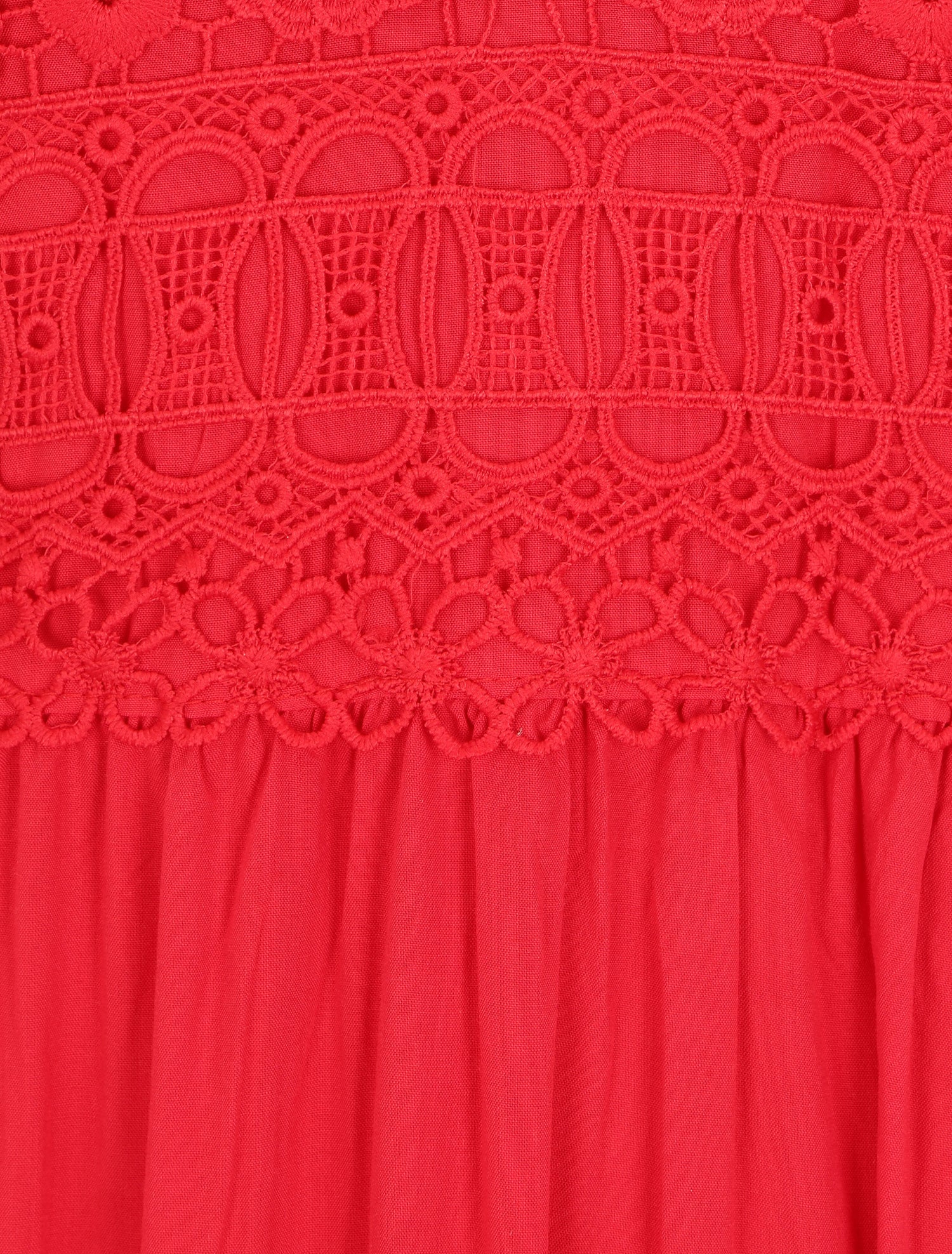 Robe longue à bretelles et col en dentelle - Rouge - 3