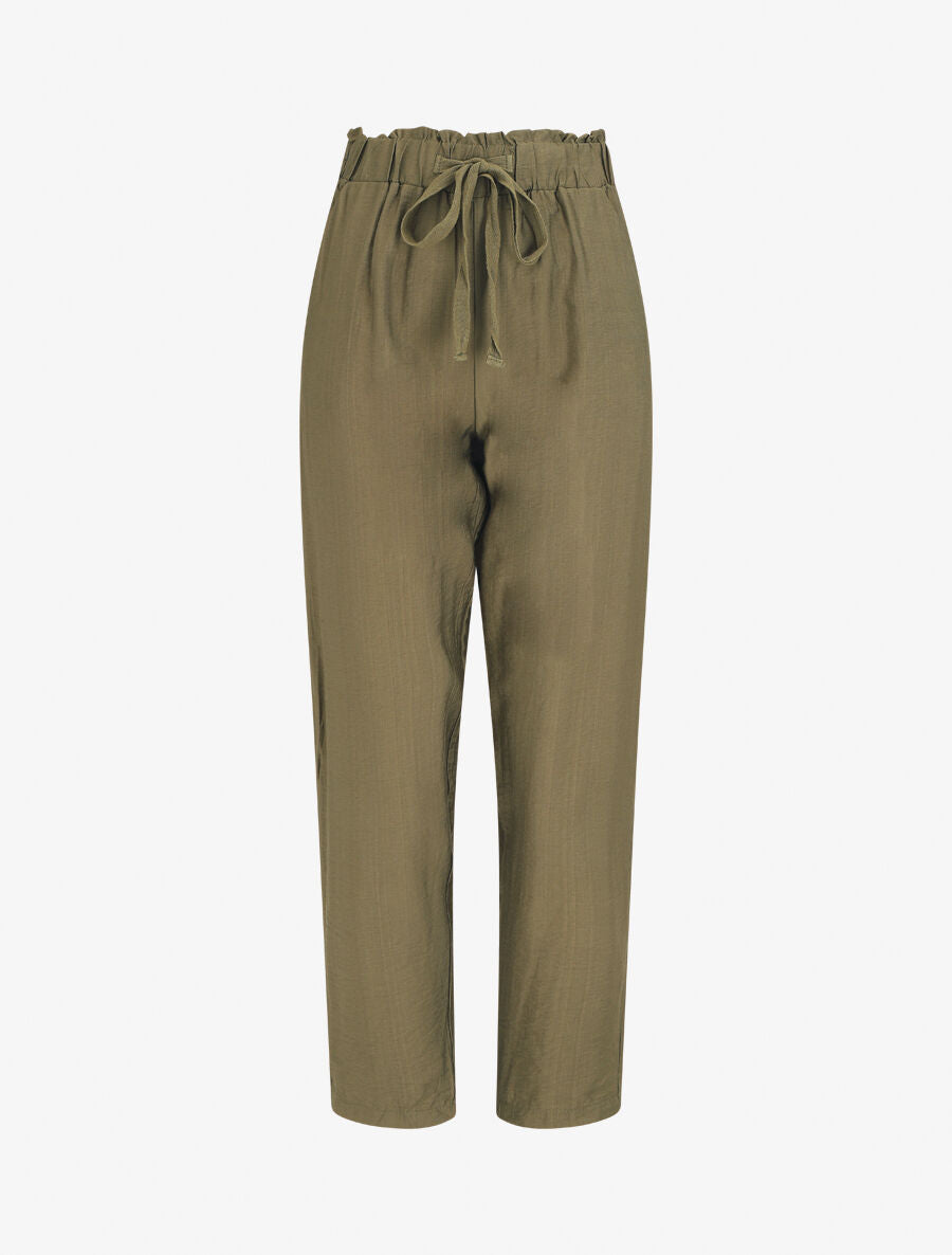 Pantalon droit fluide taille haute élastiquée - Kaki - 4