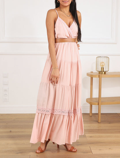Robe longue unie coupe empire - Rose - 1