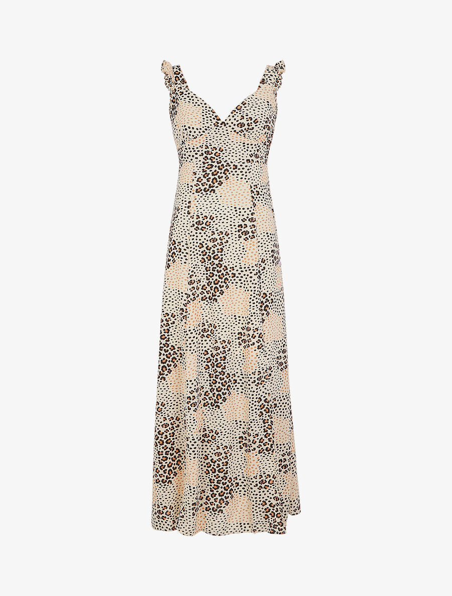 Robe longue léopard évasée à bretelles volantées - Beige - 5