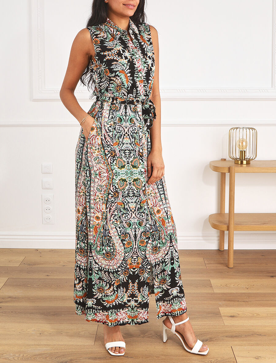 Robe longue sans manches imprimé fleurs stylisées - Noir - 4