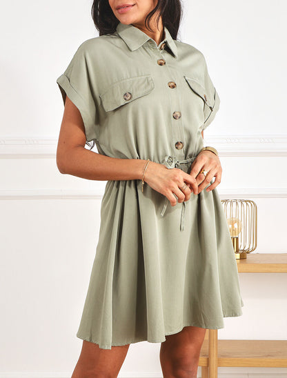 Robe chemise courte unie manches courtes - Kaki - 4