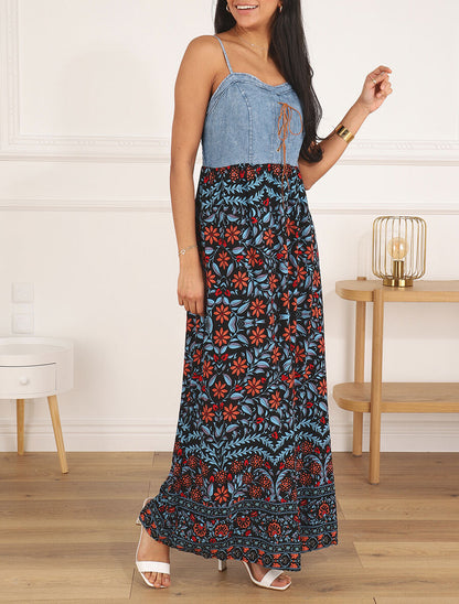Robe longue bi-matière imprimé fleuri - Marine - 4
