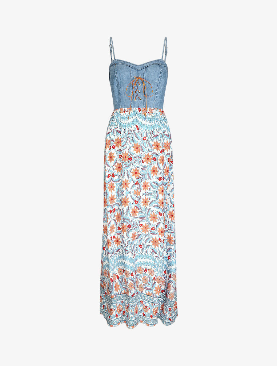 Robe longue bi-matière imprimé fleuri - Blanc - 1