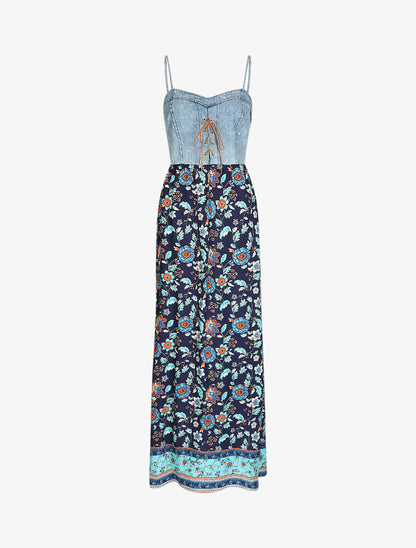 Robe longue bi-matière imprimé fleurs fantaisies - Marine - 1