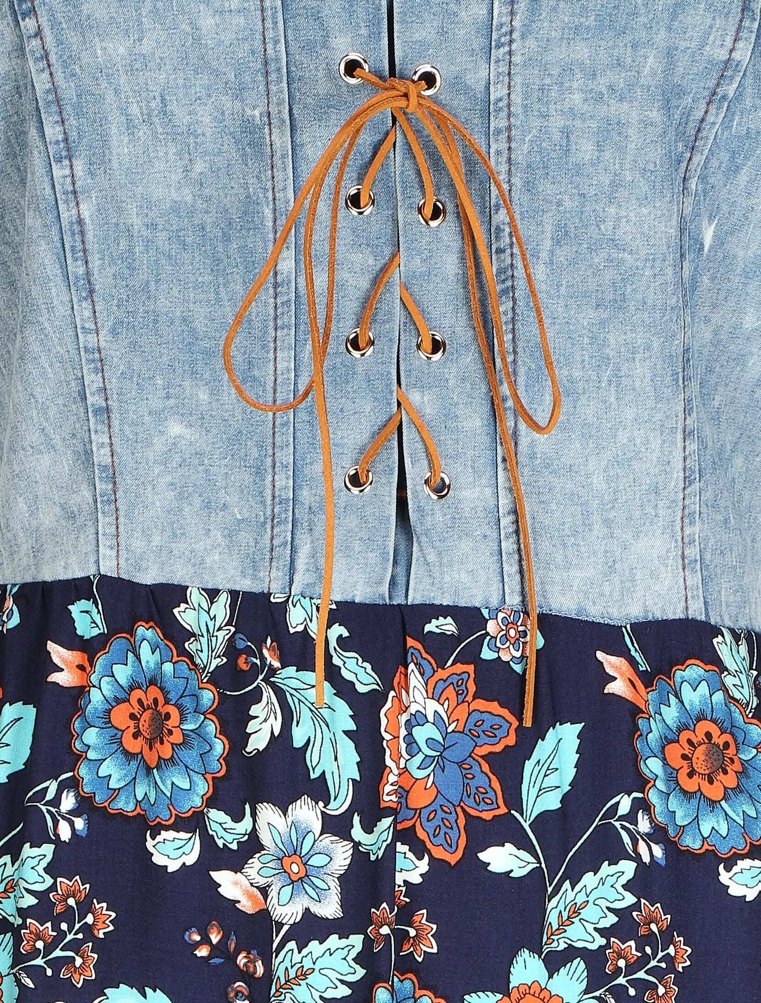 Robe longue bi-matière imprimé fleurs fantaisies - Marine - 3