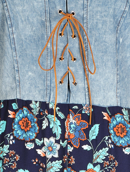 Robe longue bi-matière imprimé fleurs fantaisies - Marine - 3