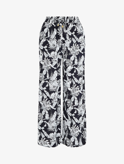 Pantalon ample imprimé feuillage à taille élastiquée - Marine - 5