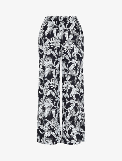 Pantalon ample imprimé feuillage à taille élastiquée - Marine - 2