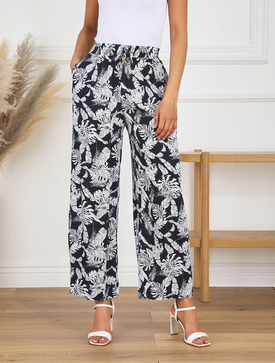 Pantalon ample imprimé feuillage à taille élastiquée - Marine - 4