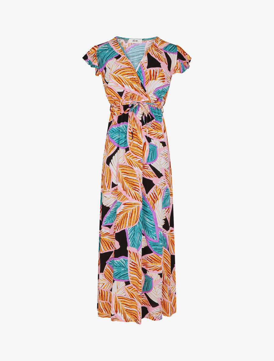 Robe longue col cache-coeur motif feuilles - Orange - 5