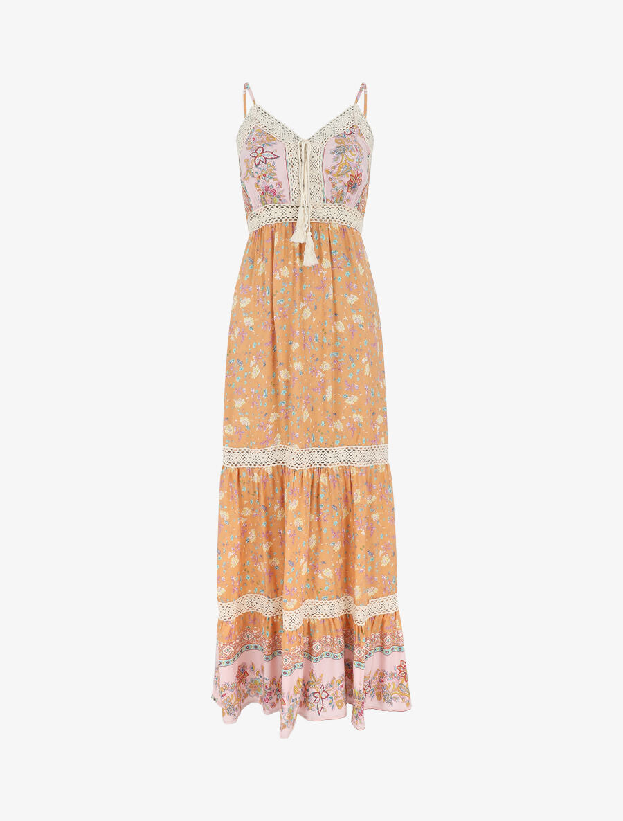 Robe longue fleuri à bretelles - Orange - 5