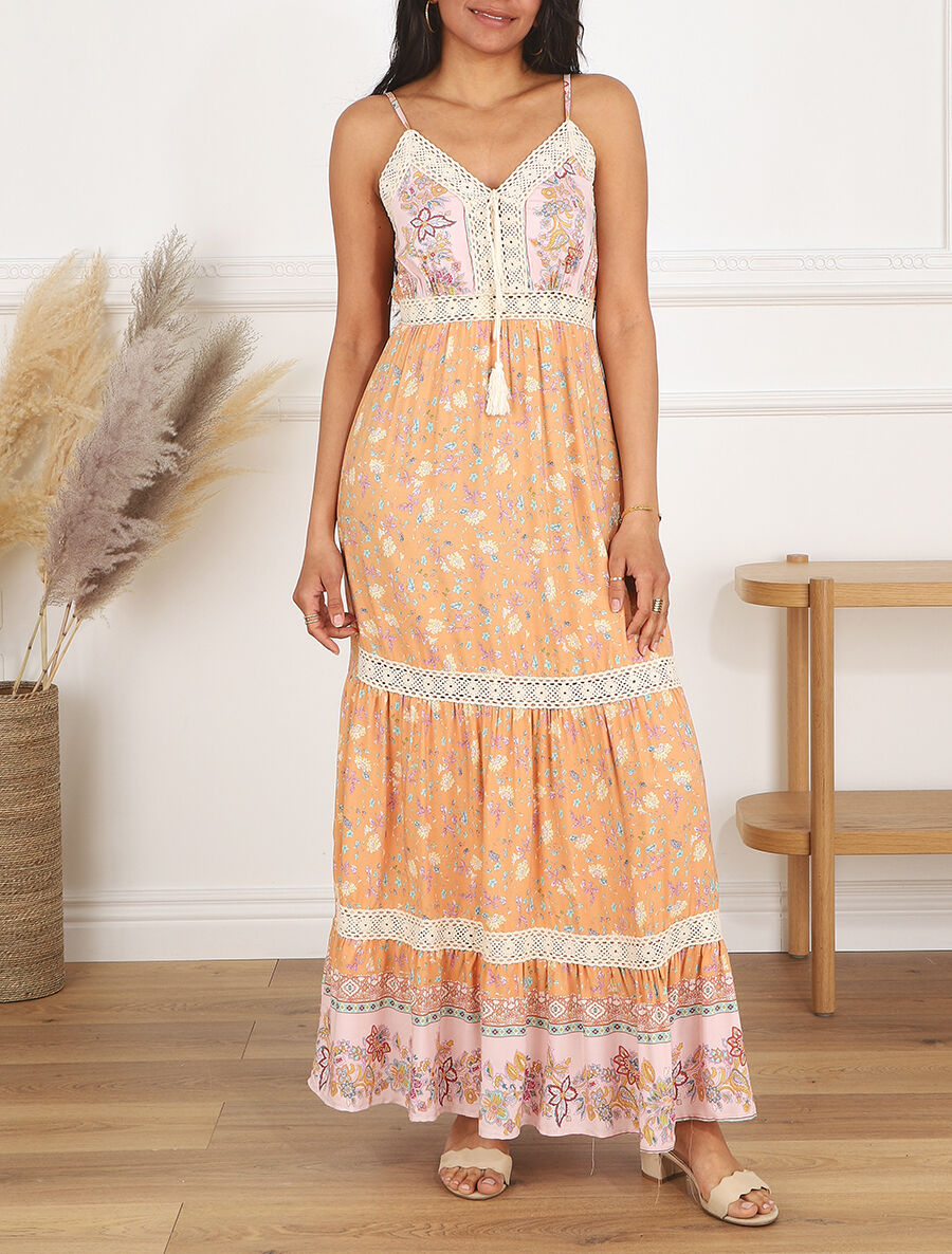 Robe longue fleuri à bretelles - Orange - 4
