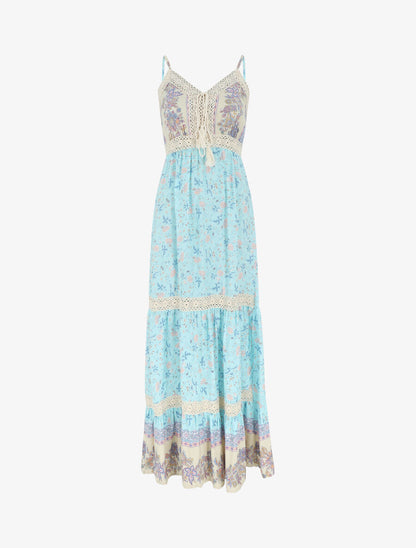 Robe longue fleuri à bretelles - Bleu - 5