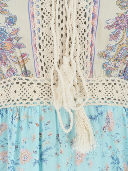 Robe longue fleuri à bretelles - Bleu - 3