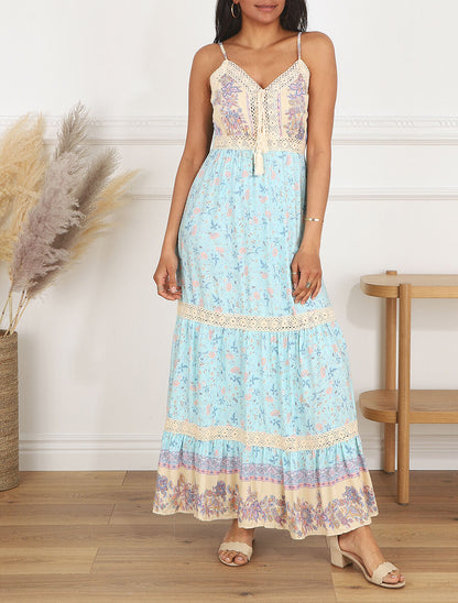 Robe longue fleuri à bretelles - Bleu - 4
