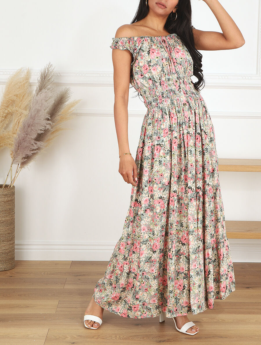 Robe longue évasée fleuri sans manches - Vert - 4