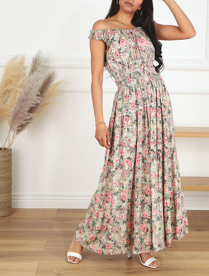 Robe longue évasée fleuri sans manches - Vert - 4