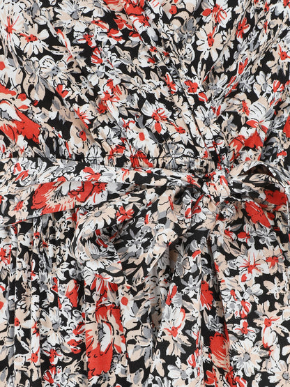 Robe longue à fleurs et fente - Noir - 3
