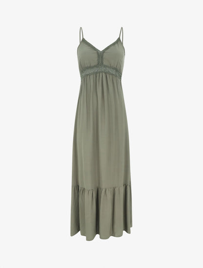 Robe longue unie à dentelle ajourée - Kaki - 5