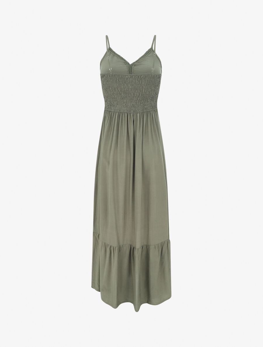 Robe longue unie à dentelle ajourée - Kaki - 2