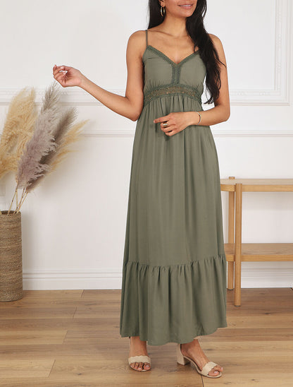 Robe longue unie à dentelle ajourée - Kaki - 4