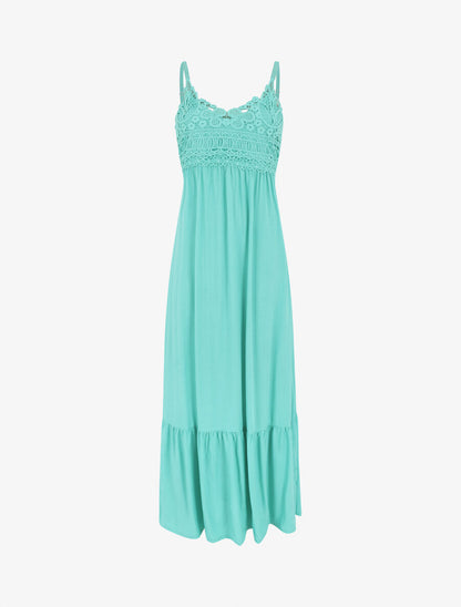 Robe longue unie à buste en dentelle - Turquoise - 1