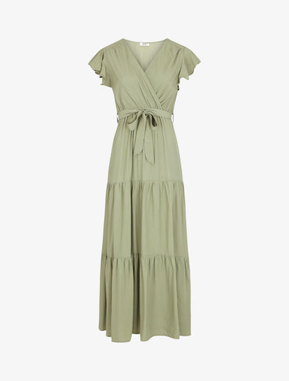 Robe longue unie manches courtes - Vert olive - 2
