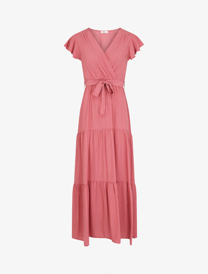 Robe longue unie manches courtes - Rose - 1