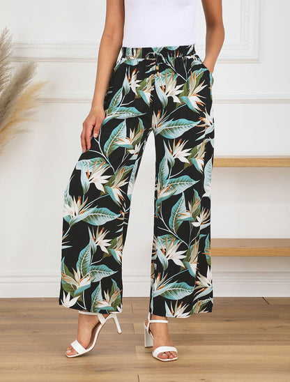 Pantalon ample motif plante tropicale - Noir - 4