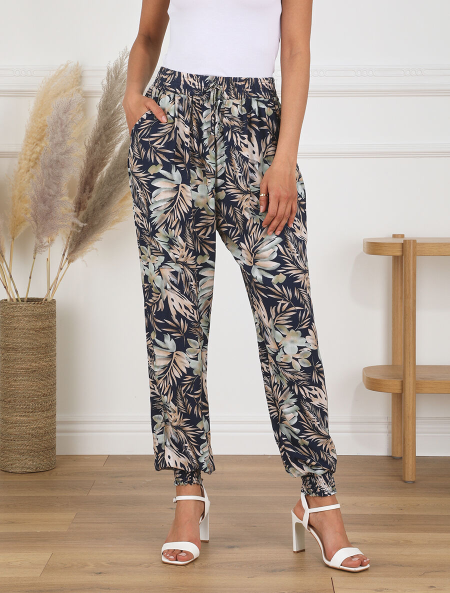 Pantalon style jogging imprimé végétal - Marine - 4