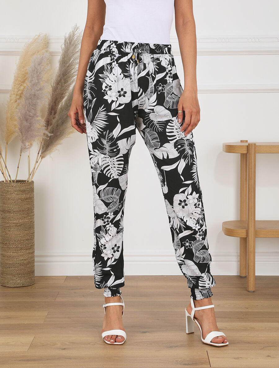 Pantalon style jogging imprimé tropical - Noir - 4