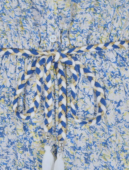 Robe longue élastiquée imprimé floral - Bleu - 3