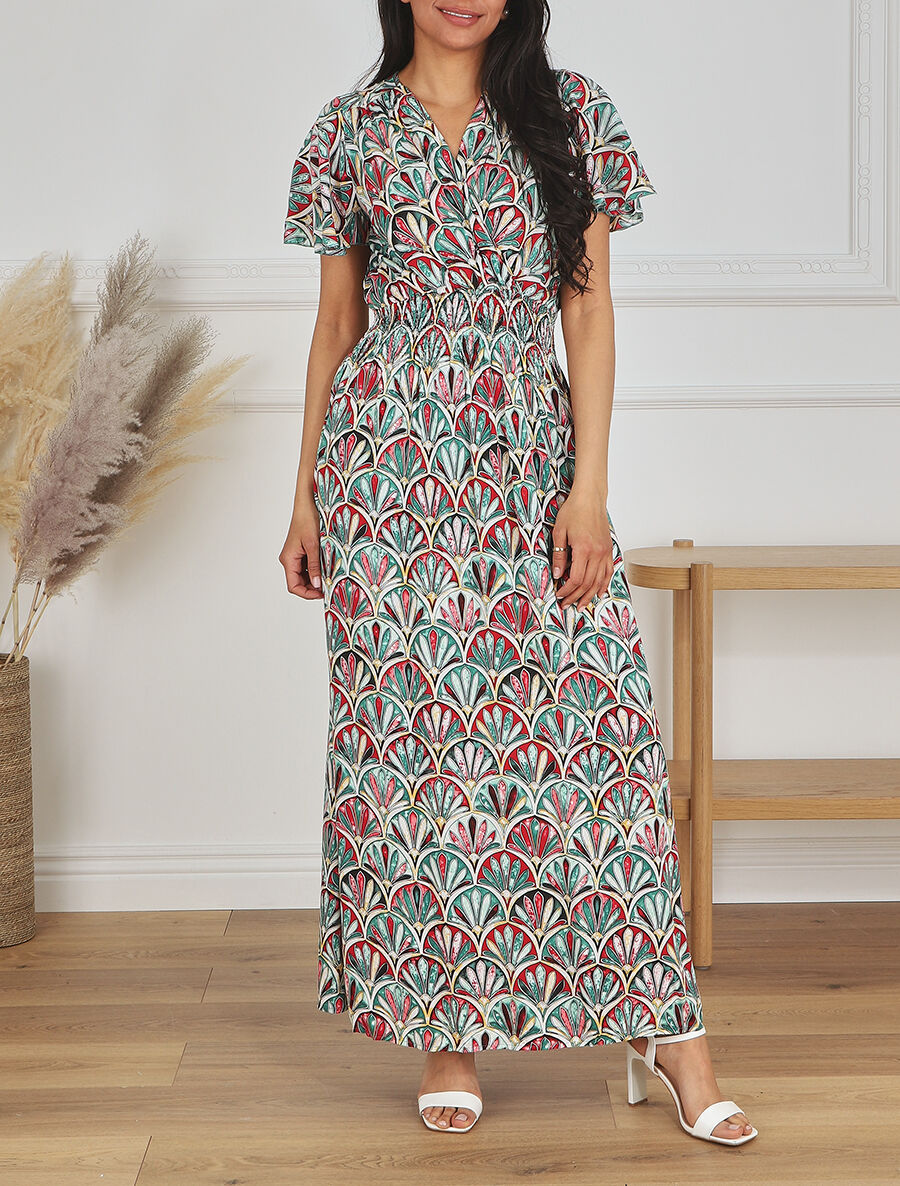 Robe longue manches courtes imprimé fantaisie - Rouge/vert - 4