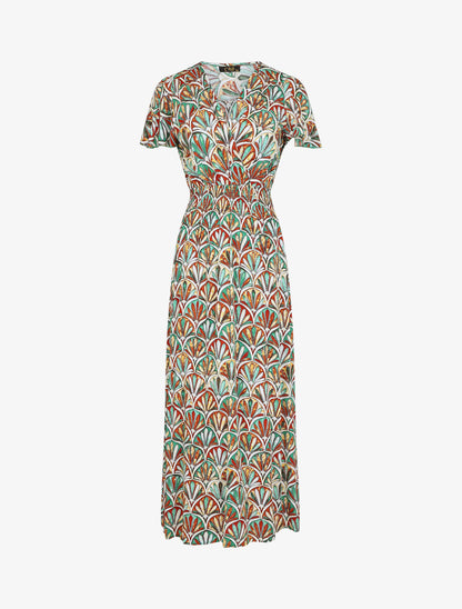 Robe longue manches courtes imprimé fantaisie - Marron/vert - 1