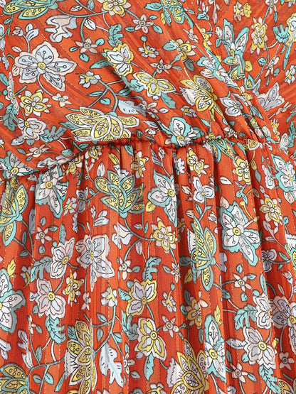 Robe longue fleurie et satinée à bretelles - Rouille - 4