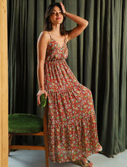 Robe longue fleurie et satinée à bretelles - Rouille - 1