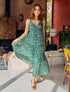 Robe longue fleurie et satinée à bretelles - Vert - 1