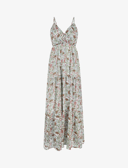 Robe longue fleurie et satinée à bretelles - Blanc - 2