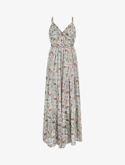 Robe longue fleurie et satinée à bretelles - Blanc - 3